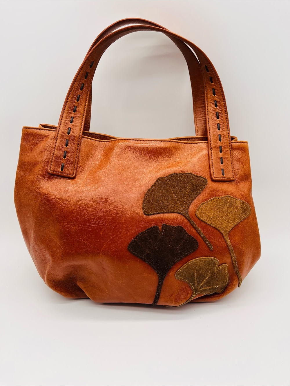 Reto Nordstrom Cognac Leather Shoulder Bag Suede Leaf Appliqués Hobo Bucket - Picture 1 of 11